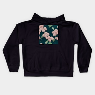 Pink Hydrangeas on Dark Green Floral Chiyogami Pattern Kids Hoodie